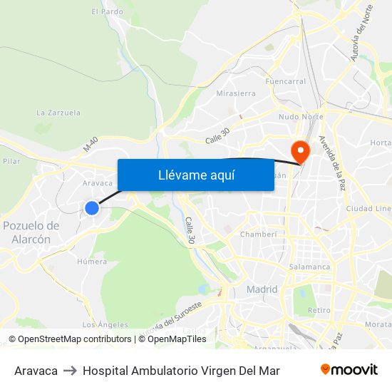 Aravaca to Hospital Ambulatorio Virgen Del Mar map