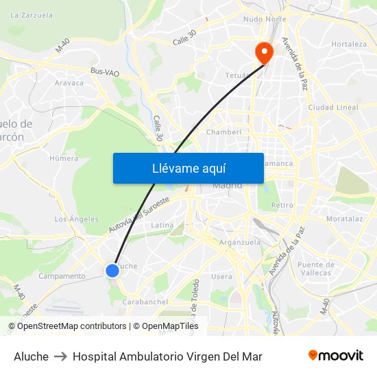 Aluche to Hospital Ambulatorio Virgen Del Mar map