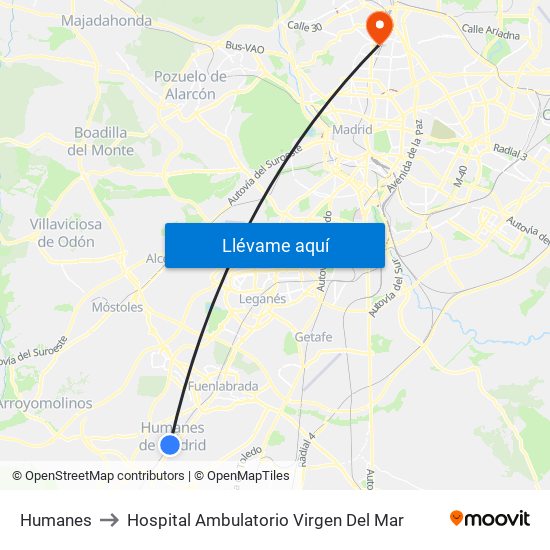 Humanes to Hospital Ambulatorio Virgen Del Mar map