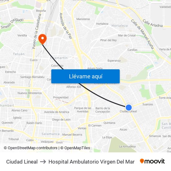 Ciudad Lineal to Hospital Ambulatorio Virgen Del Mar map