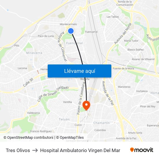 Tres Olivos to Hospital Ambulatorio Virgen Del Mar map