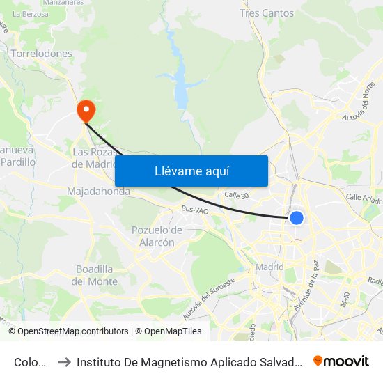 Colombia to Instituto De Magnetismo Aplicado Salvador Velayos (Ucm) map
