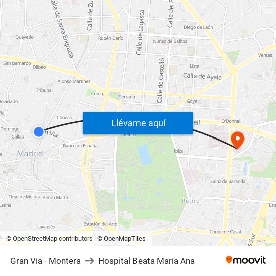 Gran Vía - Montera to Hospital Beata María Ana map
