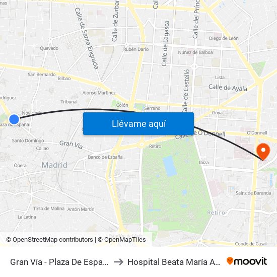 Gran Vía - Plaza De España to Hospital Beata María Ana map