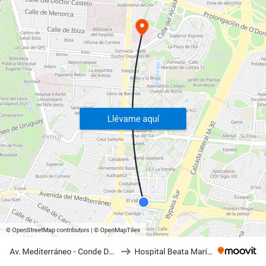 Av. Mediterráneo - Conde De Casal to Hospital Beata María Ana map