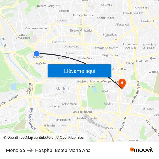 Moncloa to Hospital Beata María Ana map