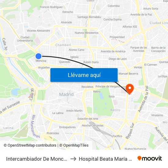 Intercambiador De Moncloa to Hospital Beata María Ana map