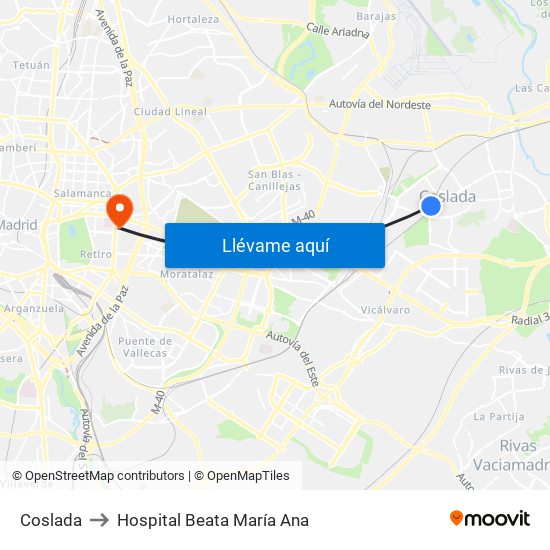 Coslada to Hospital Beata María Ana map
