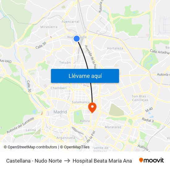 Castellana - Nudo Norte to Hospital Beata María Ana map