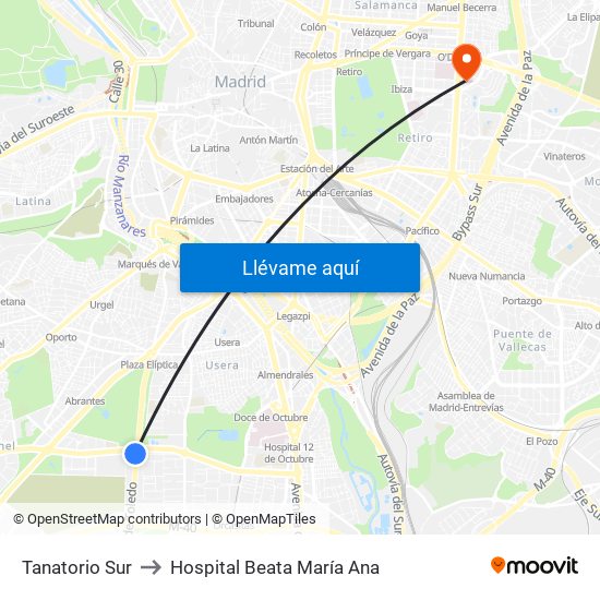 Tanatorio Sur to Hospital Beata María Ana map