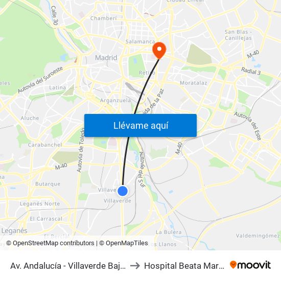 Av. Andalucía - Villaverde Bajo Cruce to Hospital Beata María Ana map