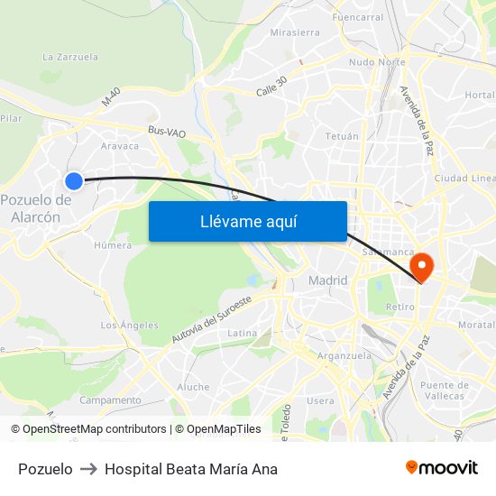 Pozuelo to Hospital Beata María Ana map