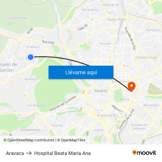 Aravaca to Hospital Beata María Ana map