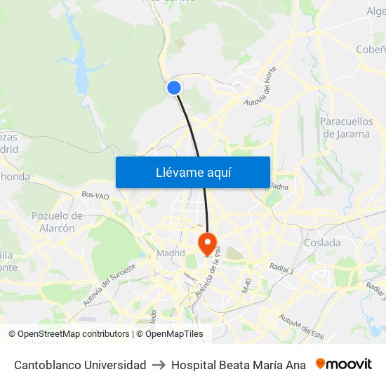 Cantoblanco Universidad to Hospital Beata María Ana map