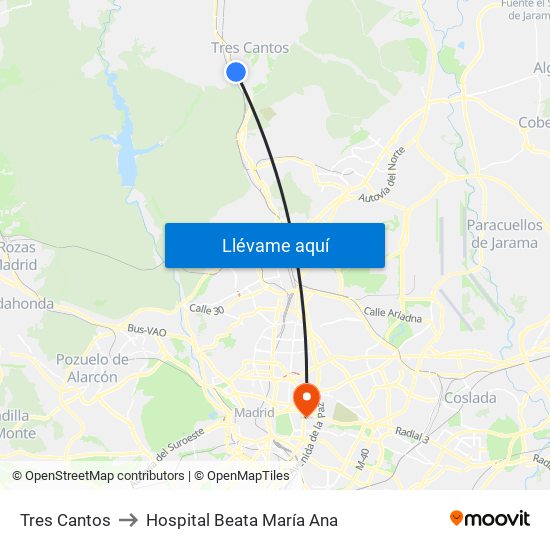 Tres Cantos to Hospital Beata María Ana map