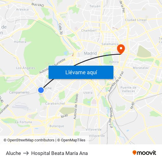 Aluche to Hospital Beata María Ana map