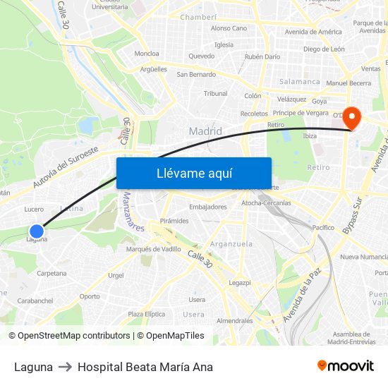 Laguna to Hospital Beata María Ana map