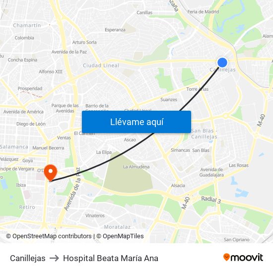 Canillejas to Hospital Beata María Ana map