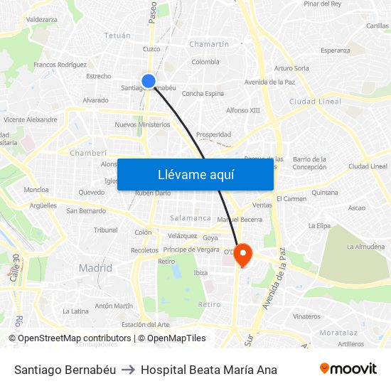 Santiago Bernabéu to Hospital Beata María Ana map