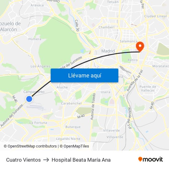 Cuatro Vientos to Hospital Beata María Ana map