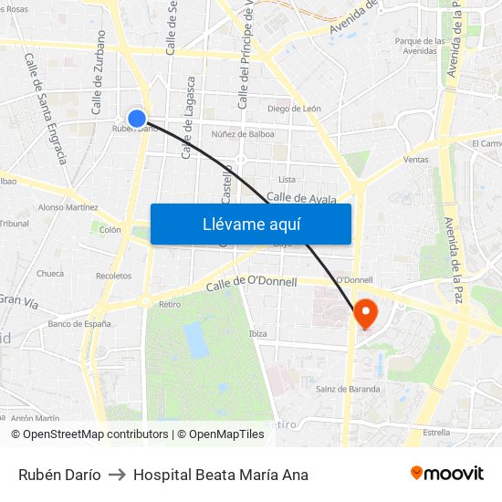 Rubén Darío to Hospital Beata María Ana map