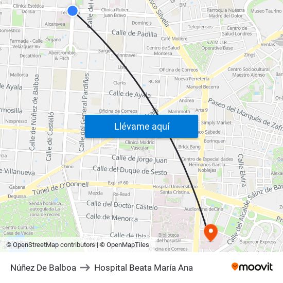 Núñez De Balboa to Hospital Beata María Ana map