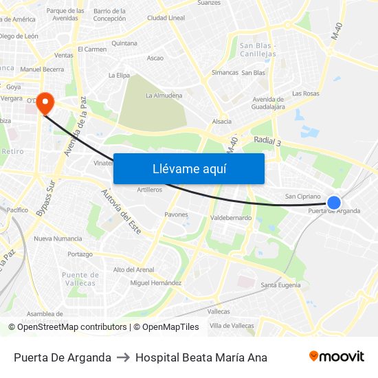 Puerta De Arganda to Hospital Beata María Ana map
