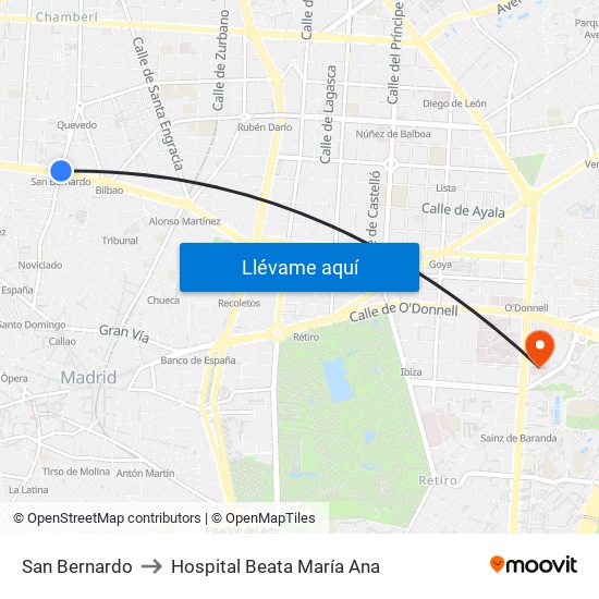 San Bernardo to Hospital Beata María Ana map