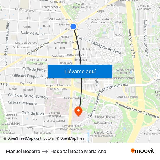 Manuel Becerra to Hospital Beata María Ana map