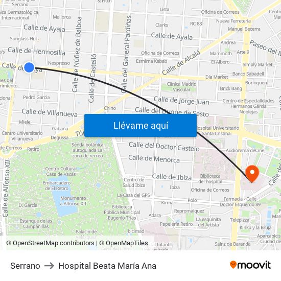 Serrano to Hospital Beata María Ana map