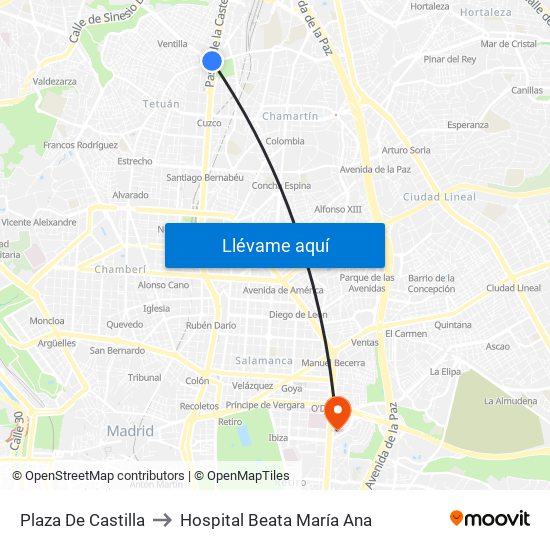 Plaza De Castilla to Hospital Beata María Ana map