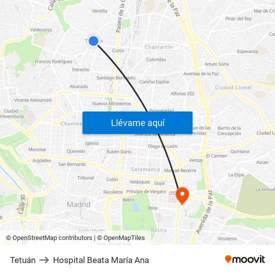 Tetuán to Hospital Beata María Ana map