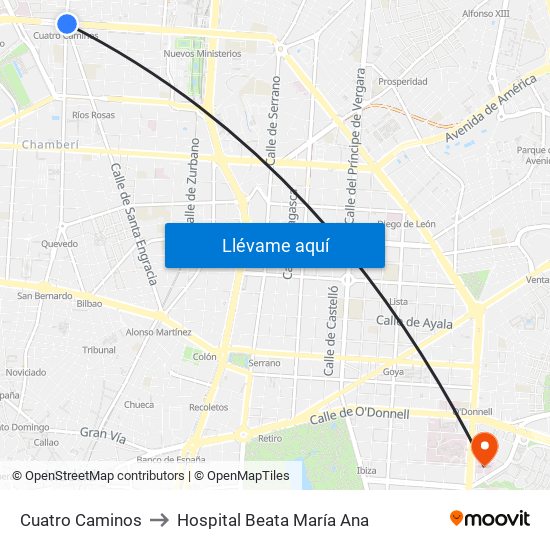 Cuatro Caminos to Hospital Beata María Ana map