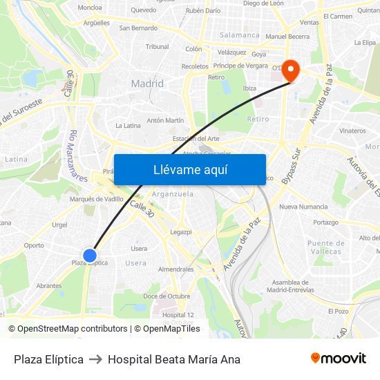 Plaza Elíptica to Hospital Beata María Ana map