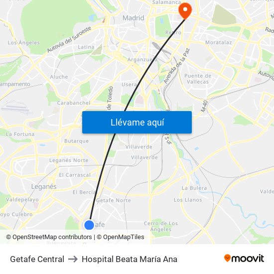 Getafe Central to Hospital Beata María Ana map