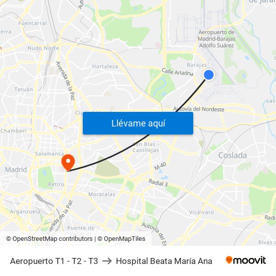 Aeropuerto T1 - T2 - T3 to Hospital Beata María Ana map