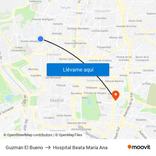 Guzmán El Bueno to Hospital Beata María Ana map