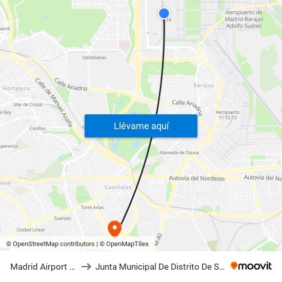 Madrid Airport Terminal 4 to Junta Municipal De Distrito De San Blas-Canillejas. map