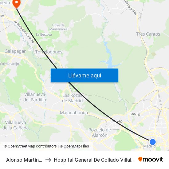 Alonso Martínez to Hospital General De Collado Villalba. map