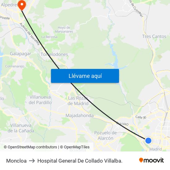 Moncloa to Hospital General De Collado Villalba. map