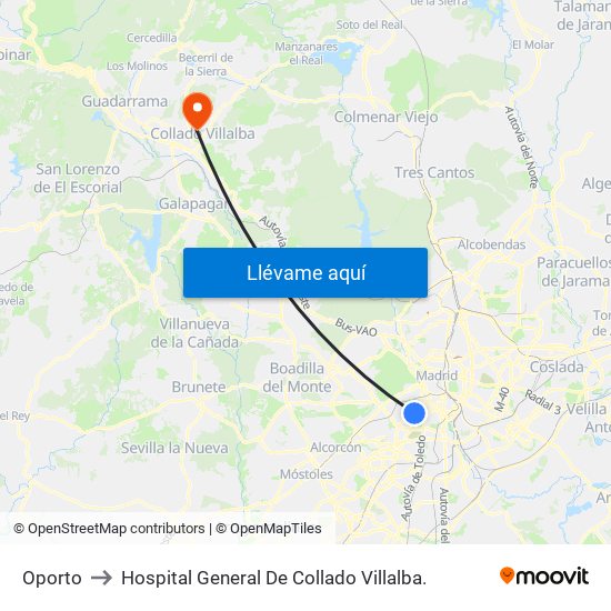 Oporto to Hospital General De Collado Villalba. map