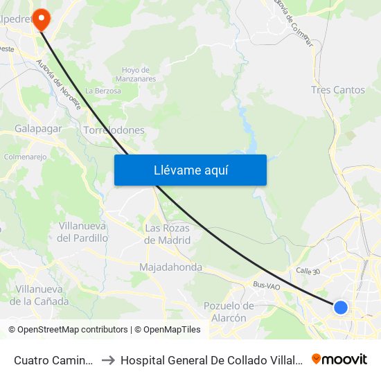 Cuatro Caminos to Hospital General De Collado Villalba. map