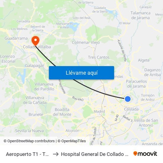 Aeropuerto T1 - T2 - T3 to Hospital General De Collado Villalba. map