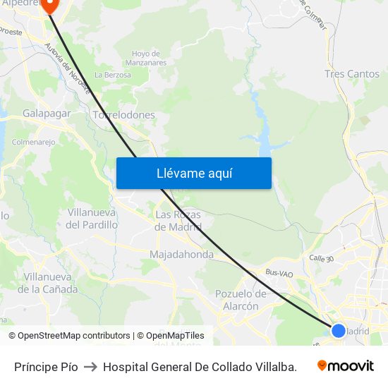 Príncipe Pío to Hospital General De Collado Villalba. map