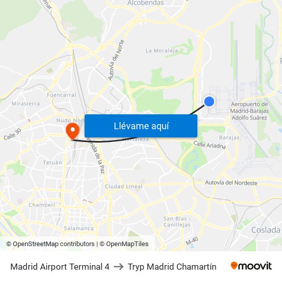 Madrid Airport Terminal 4 to Tryp Madrid Chamartín map