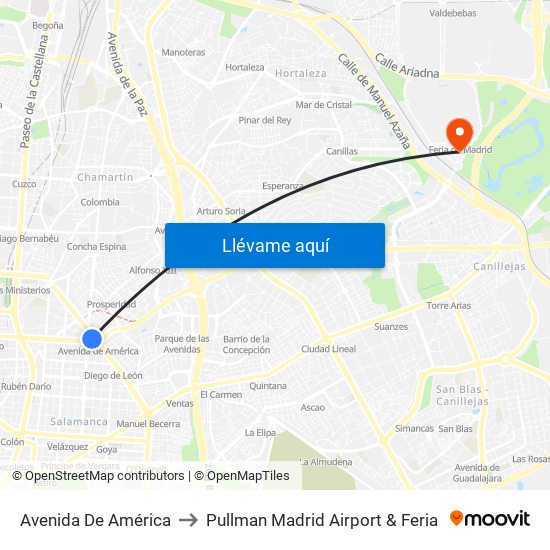 Avenida De América to Pullman Madrid Airport & Feria map