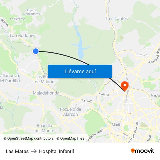 Las Matas to Hospital Infantil map