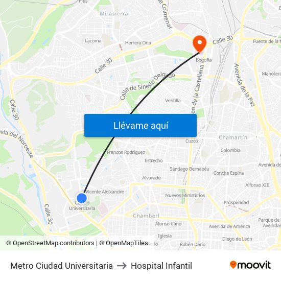 Metro Ciudad Universitaria to Hospital Infantil map