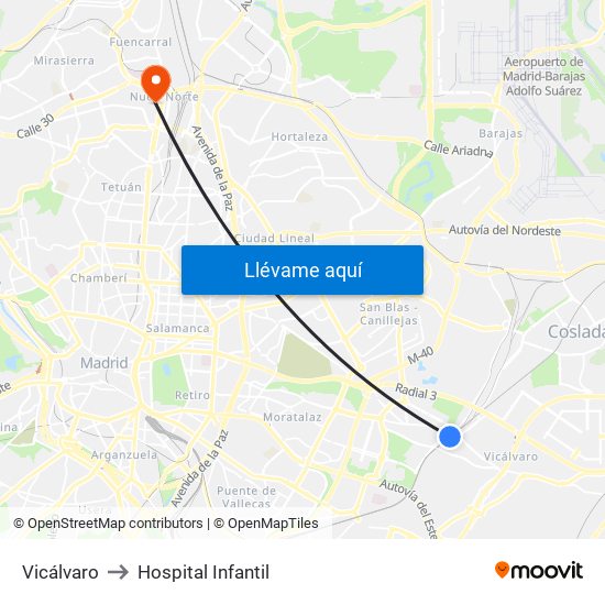 Vicálvaro to Hospital Infantil map