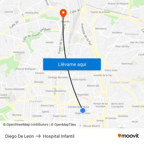 Diego De León to Hospital Infantil map